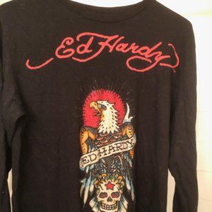 MENS RARE ED HARDY BLACK RHINESTONES CREWNECK LONG SLEEVE SHIRT
